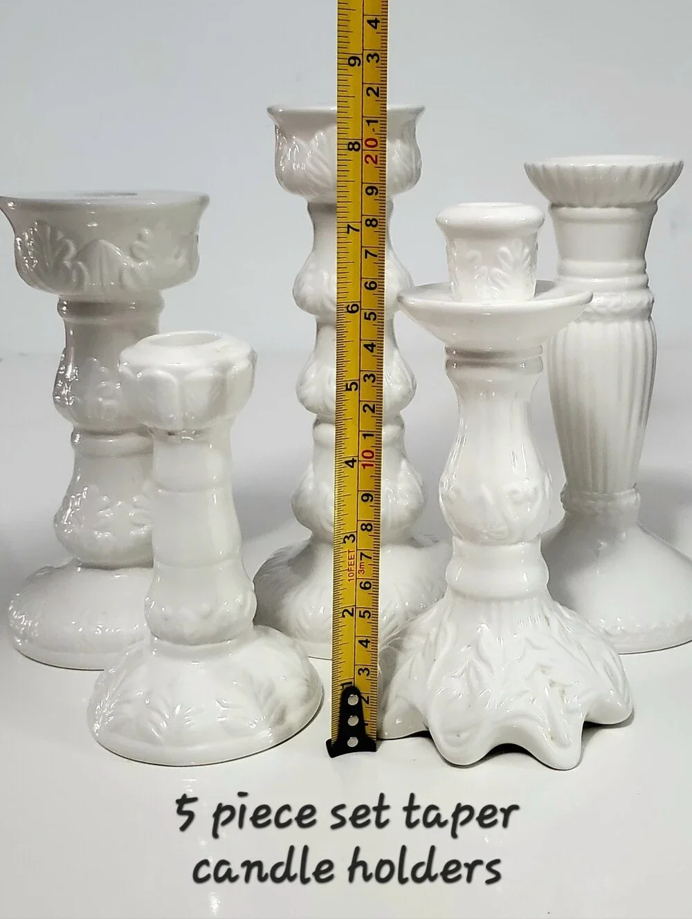 5 Pc Set White Various Design Ceramic Taper Candle Holders Varying Sizes